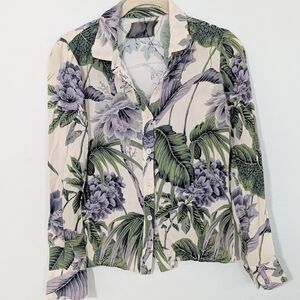 Reformation Tropical Print Button Front Shirt Crepe Bird Palm Tree Beige XS